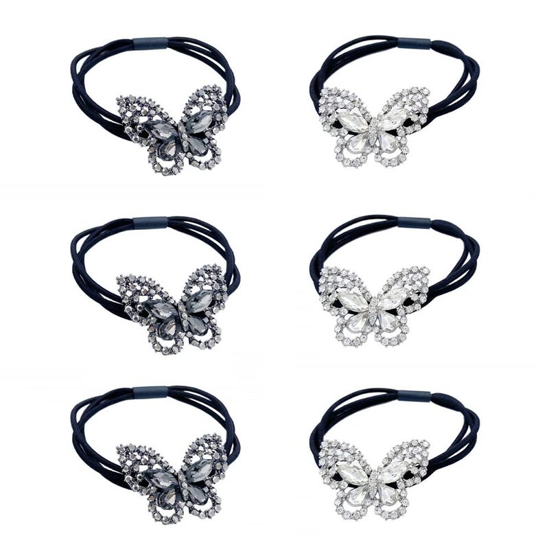 6Pcs Korean Fashion Scrunchies Rhinestone Crystal Butterfly Hair Ties Three Layers Hair Bands Accessories for Women Girls Ponytail Holder mix colors