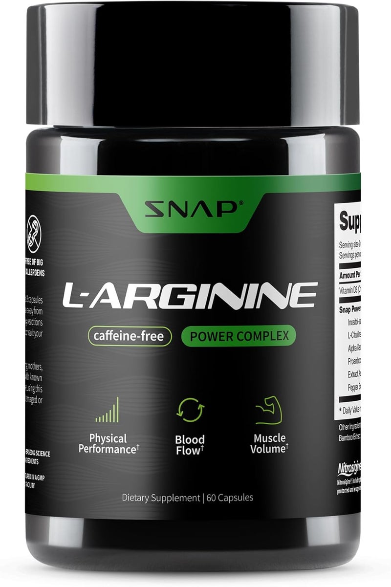 SNAP SUPPLEMENTS Snap L Arginine Capsules  Blood Circulation Supplements with Nitrosigine  L Citrulline for Natural Energy Increase Blood Flow  Muscle Growth Herbs for Cardio Health 60 Capsules - Image 1