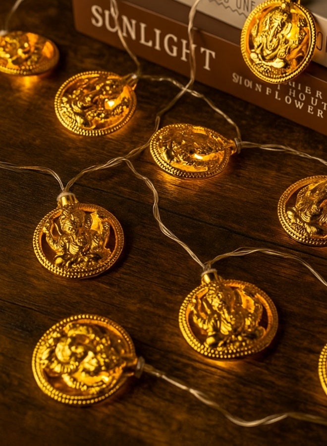 Diwali Diya String Lights | 20 LED Golden Ganesha Metal String Lights for Home, Temple & Festive Decoration | Warm White Decorative Lights for Wall, Door, Balcony & Indoor Outdoor Use - Image 1