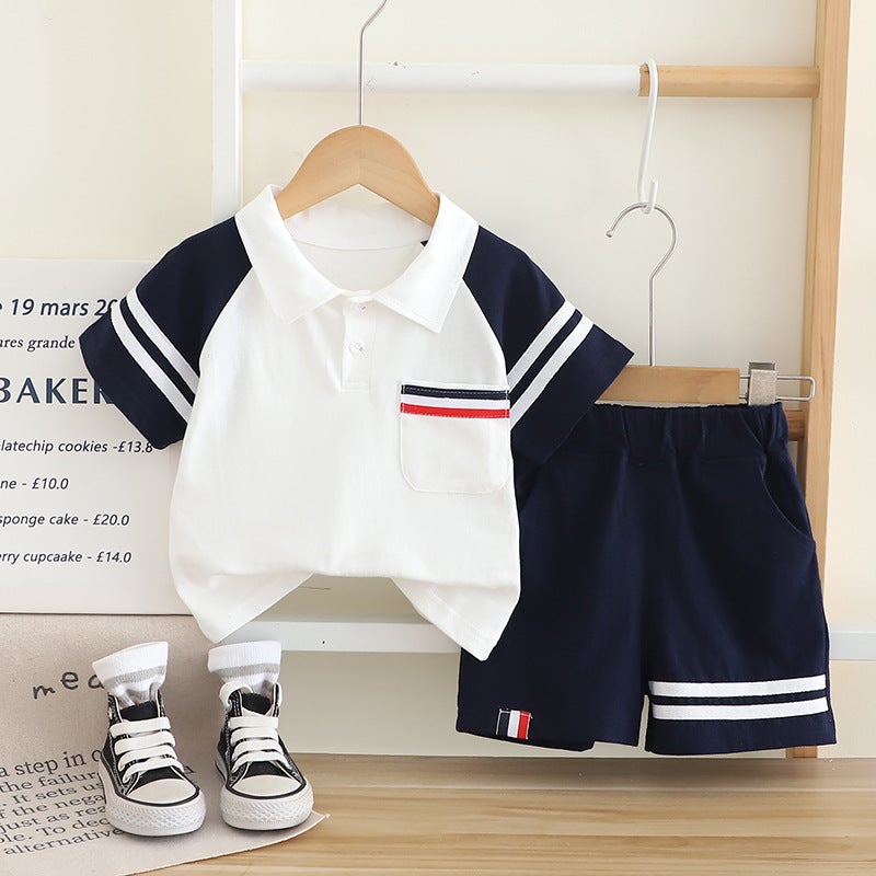 Boys Summer Clothes suit 2025 New Boys Baby Summer Boys Summer Clothes Lel Horizontal Short-sleeved Two-piece Set Navy blue