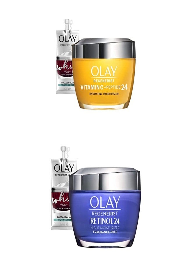 Olay Regenerist Vitamin C + Peptide 24 Brightening Face Moisturizer (1.7 Oz and Retinol 24 Night Face Moisturizer (1.7 Oz + 2 Travel Size Whip Face Moisturizers - Image 1