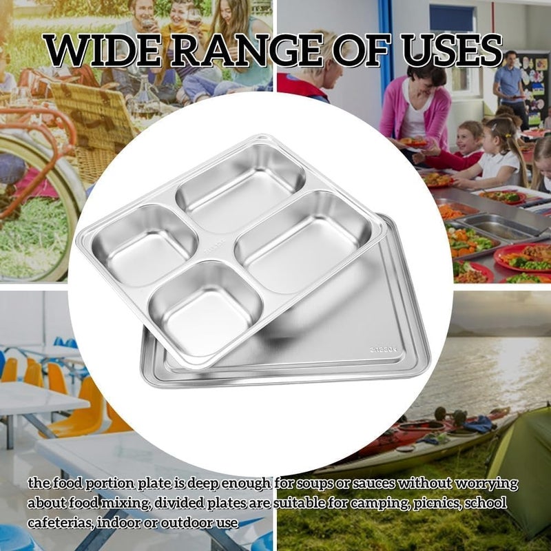 Beufee Stainless Steel Rectangular Divided Plates Tray Dinner Plates Divided Dinner Tray with Lid 4 Sections Metal Plate Reusable Plate for Campers and Portion Control for Adults Unbreakable - Image 5