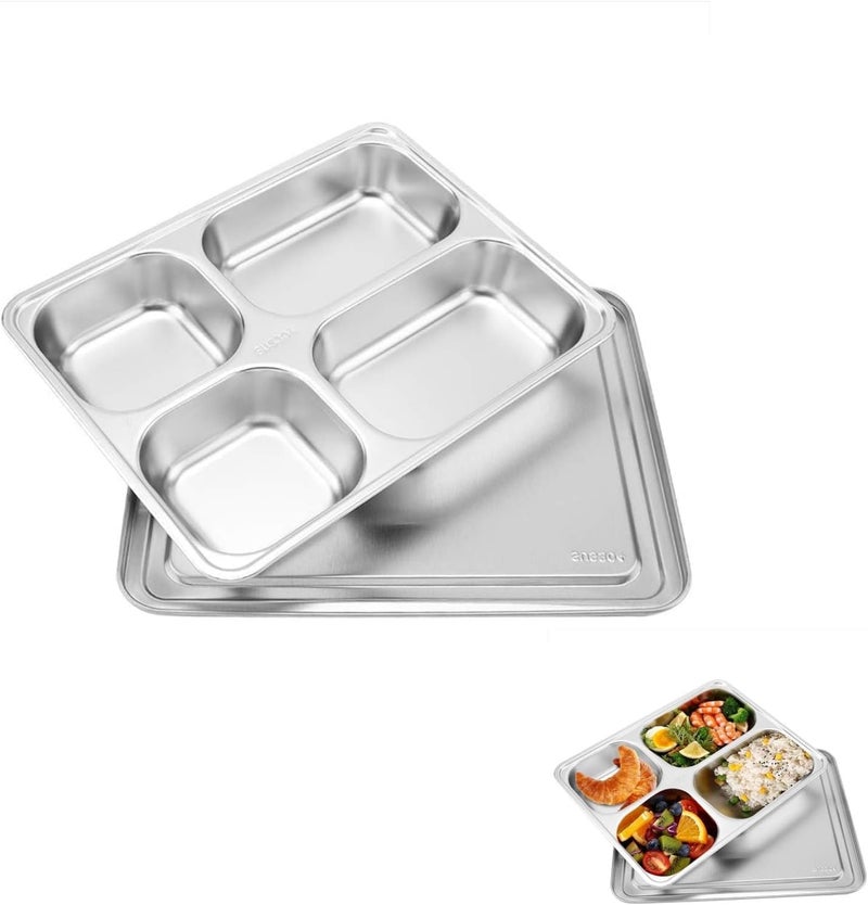 Beufee Stainless Steel Rectangular Divided Plates Tray Dinner Plates Divided Dinner Tray with Lid 4 Sections Metal Plate Reusable Plate for Campers and Portion Control for Adults Unbreakable - Image 1