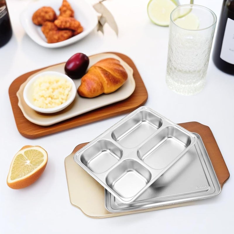 Beufee Stainless Steel Rectangular Divided Plates Tray Dinner Plates Divided Dinner Tray with Lid 4 Sections Metal Plate Reusable Plate for Campers and Portion Control for Adults Unbreakable - Image 3