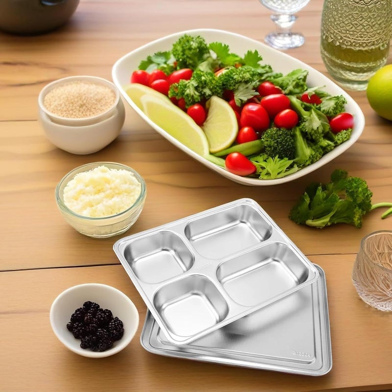 Beufee Stainless Steel Rectangular Divided Plates Tray Dinner Plates Divided Dinner Tray with Lid 4 Sections Metal Plate Reusable Plate for Campers and Portion Control for Adults Unbreakable - Image 4