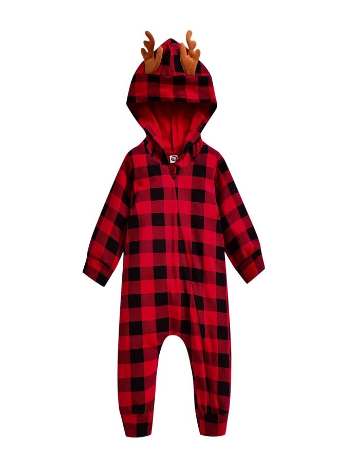 HiHa Infant Baby Boys Christmas Hooded Romper Buffalo Plaid Jumpsuit Long Sleeve Elf Reindeer Bodysuit One-Piece Santa Xmas Clothes(Plaid,18-24M) - Image 1