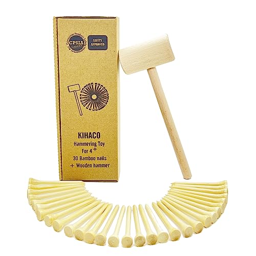 KIHACO Hammering and Pounding Toys for Kids Include 1 Wood Hammer and 30 Bamboo Nails Improve Fine Motor Skills Friendly Natural Wooden Educational Montessori Toy for Childs DIY Birthday Gift for 4 - Image 1