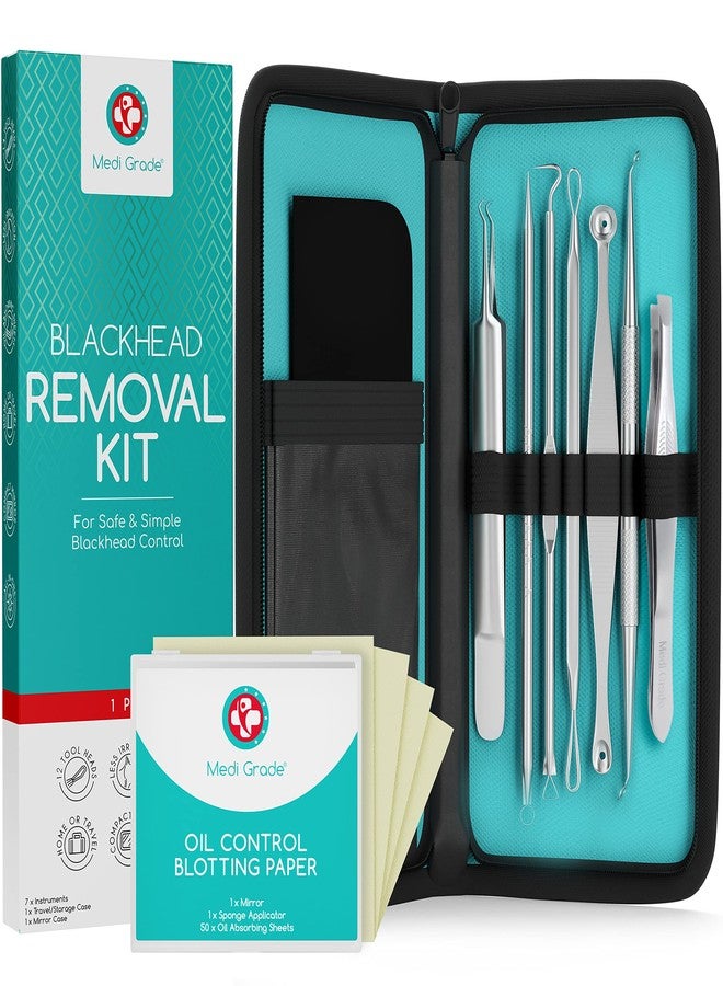 Medi Grade Blackhead Remover Kit with Oil Control Blotting Paper [50 Sheets] - Stainless Steel Pimple Popper, Blackhead Extraction Kit Including Spot Poppers, Whitehead & Blackhead Extractors - Image 1