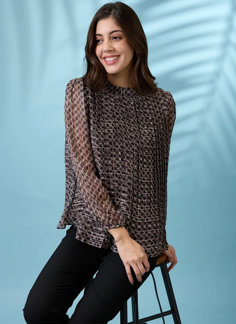 globus Globus Women Black High Neck Bishop Sleeves Abstract Print Pleated Tie-Back Detail Party Top