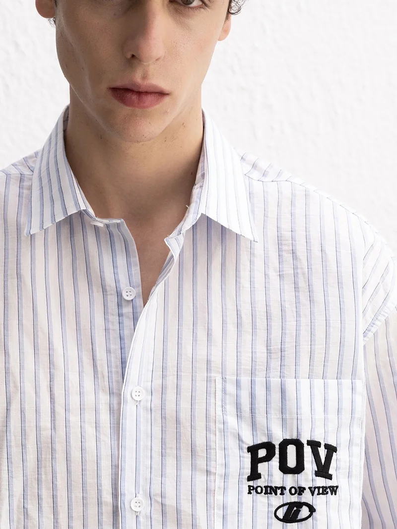 Giesto GIESTO Oversized Striped Cotton Shirt with Pocket