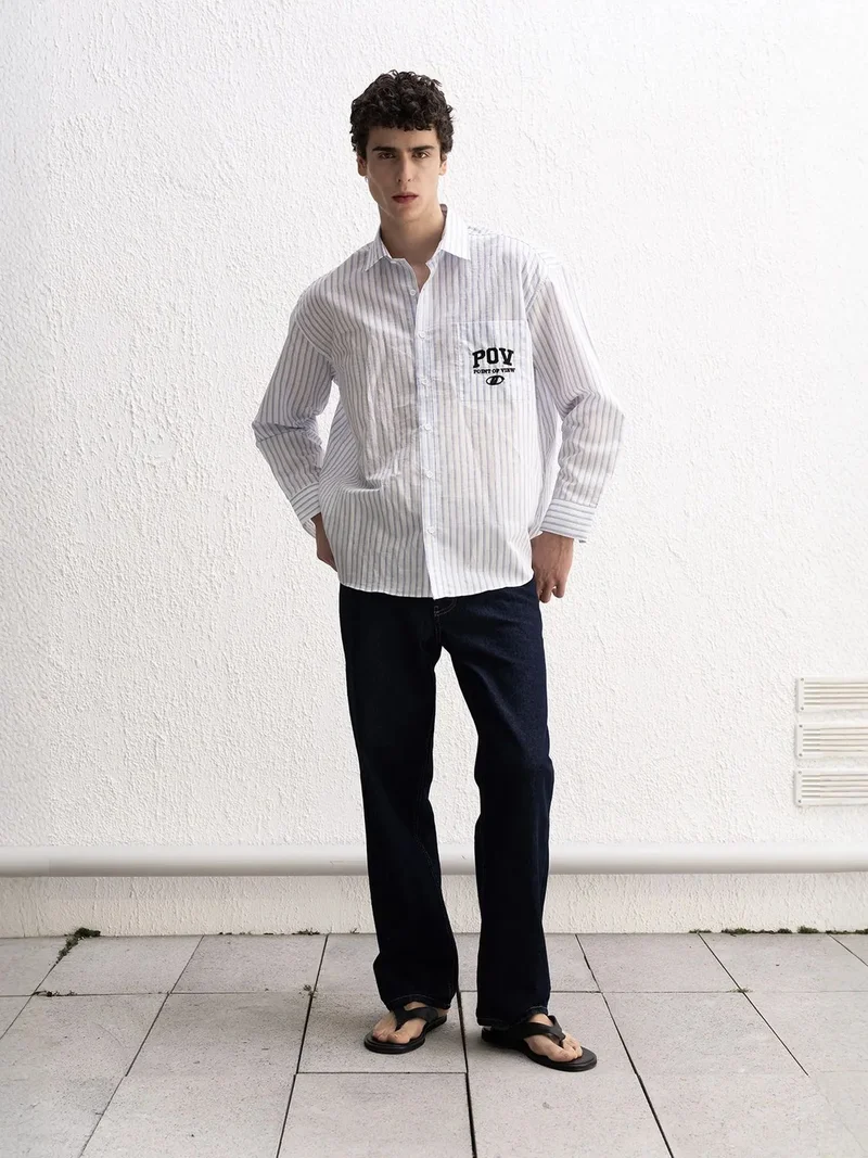 GIESTO Oversized Striped Cotton Shirt with Pocket