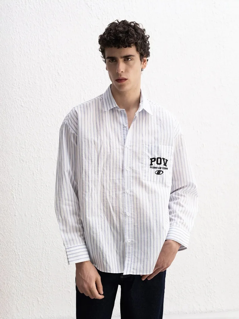 Giesto White GIESTO Oversized Striped Cotton Shirt with Pocket for Men | Best Price UAE