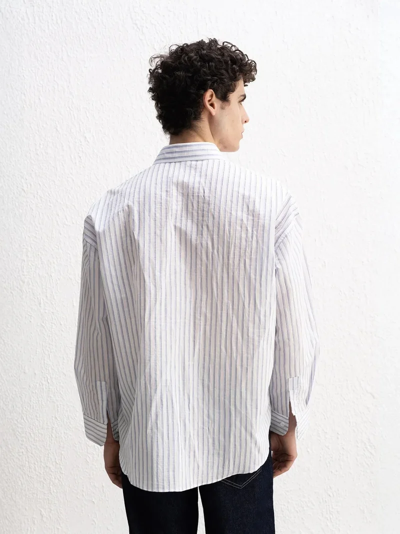 Giesto White GIESTO Oversized Striped Cotton Shirt with Pocket for Men | Best Price UAE