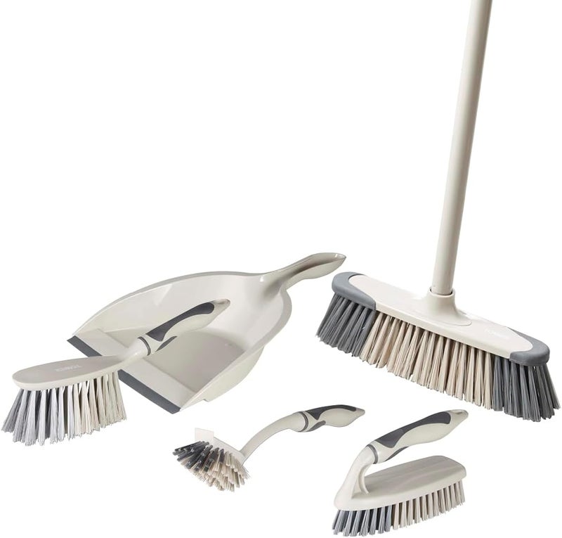 Tower T769002MSH 5-in-1 Cleaning Set with Dust Pan and Brush/Kitchen Broom/Dish Brush/Scrub Brush, Latte & Grey - Image 1