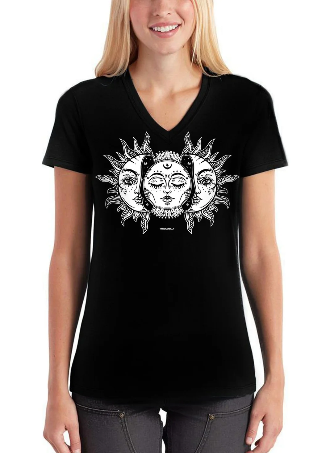 روك اند رول Moon Sun Black V Neck Short Sleeve Women's T-Shirt