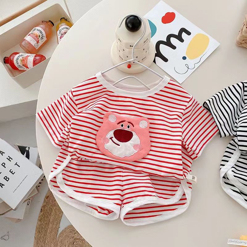Ice Silk Striped Babys suit Wide Pine Summer Wear Casual Childrens Pajamas for Boys and Girls Cold Home Clothes Air-conditioning Clothes red stripe  - Image 1