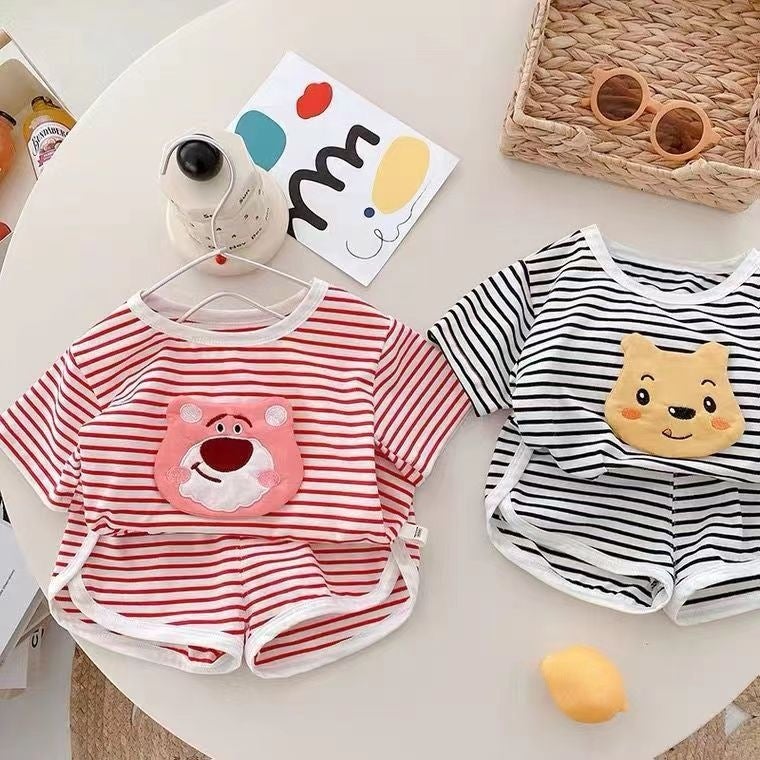 Ice Silk Striped Babys suit Wide Pine Summer Wear Casual Childrens Pajamas for Boys and Girls Cold Home Clothes Air-conditioning Clothes red stripe  - Image 5