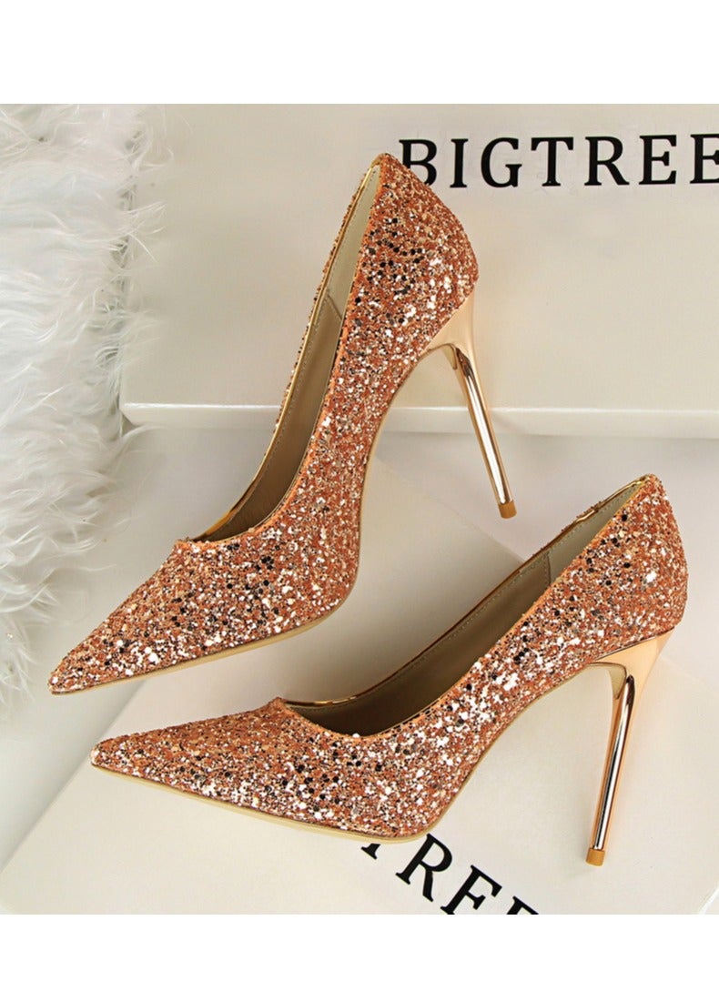 BIGTREE 10CM European-Style Women's Shallow Mouth Pointy Glitter Slim Heels Pink - Image 1