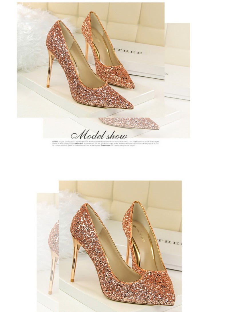 BIGTREE 10CM European-Style Women's Shallow Mouth Pointy Glitter Slim Heels Pink - Image 2