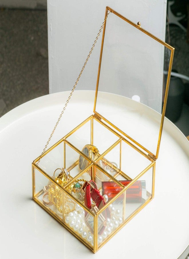 Levilan 4 Compartment Golden Vintage Glass Lidded Jewelry Box, Large Clear Metal Box for Rings Bracelet Keepsake, Golden Organizer Home Decor with Decorative Lace - Image 3