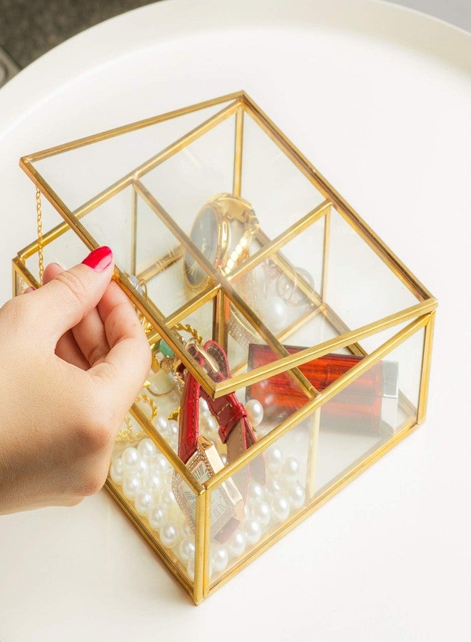 Levilan 4 Compartment Golden Vintage Glass Lidded Jewelry Box, Large Clear Metal Box for Rings Bracelet Keepsake, Golden Organizer Home Decor with Decorative Lace - Image 2