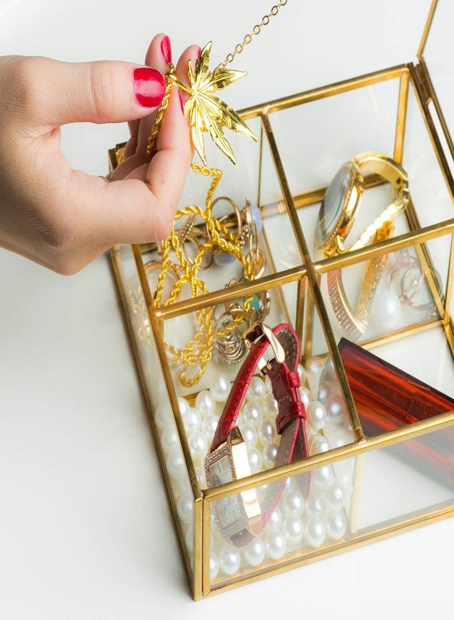 Levilan 4 Compartment Golden Vintage Glass Lidded Jewelry Box, Large Clear Metal Box for Rings Bracelet Keepsake, Golden Organizer Home Decor with Decorative Lace - Image 4