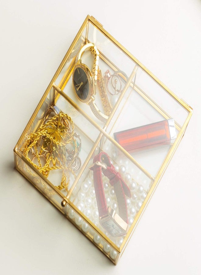 Levilan 4 Compartment Golden Vintage Glass Lidded Jewelry Box, Large Clear Metal Box for Rings Bracelet Keepsake, Golden Organizer Home Decor with Decorative Lace - Image 5