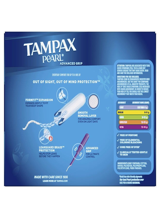 TAMPAX Pearl Advanced Grip Plastic Tampons Regular Unscented, 96 Count - Image 2