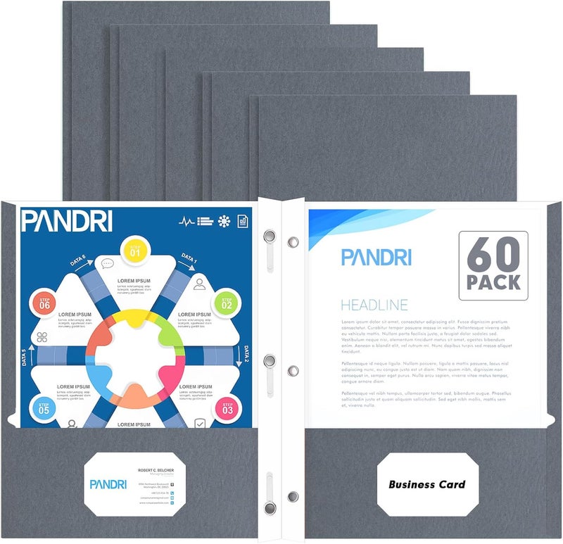 PANDRI مجلدات ذات جيبين، حزمة 60 مجلدات ذات جيبين مع أسنان، مصممة للمكتب والفصل الدراسي، رمادي، مجلدات ذات جيبين و3 أسنان - Image 1