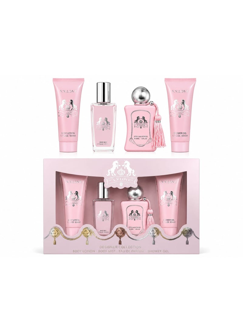 مجموعة عطور V.V.LOVE Stellar Echoes الفاخرة - لوشن الجسم، رذاذ الجسم، عطر أو دو بارفان، جل الاستحمام