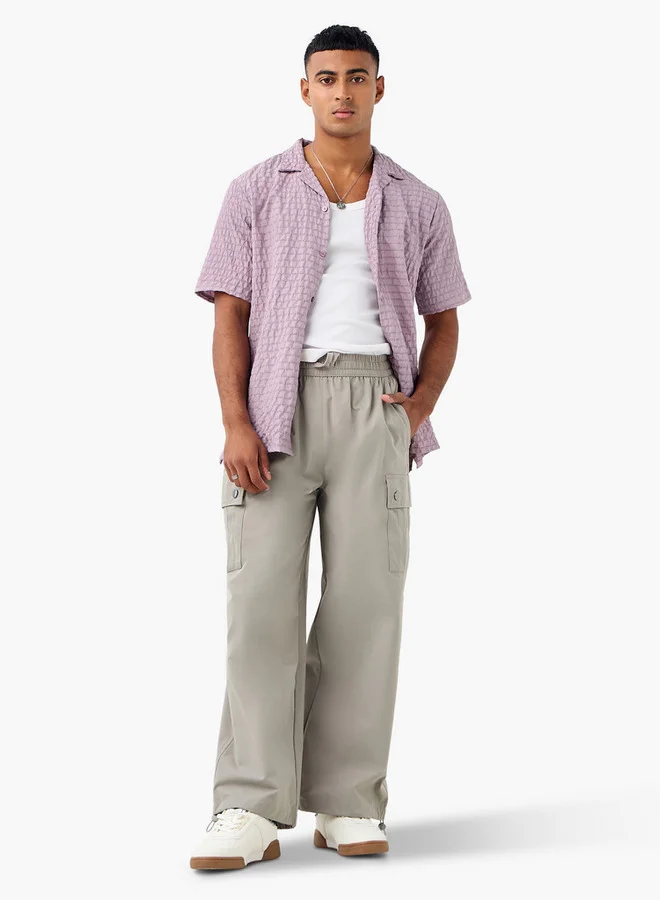 Splash FAV Regular Fit Dobby Textured Shirt with Camp Collar and Short Sleeves