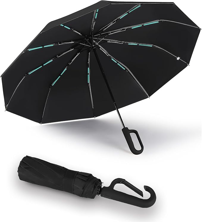 PRANIJ 3-Fold Compact Travel Golf Umbrella with Carabiner Handle | Auto Open-Close 10 Dual Rib Windproof Design | UV Protection Portable Umbrella for Rain/Sun for Car, Travel, Outdoor - Image 3
