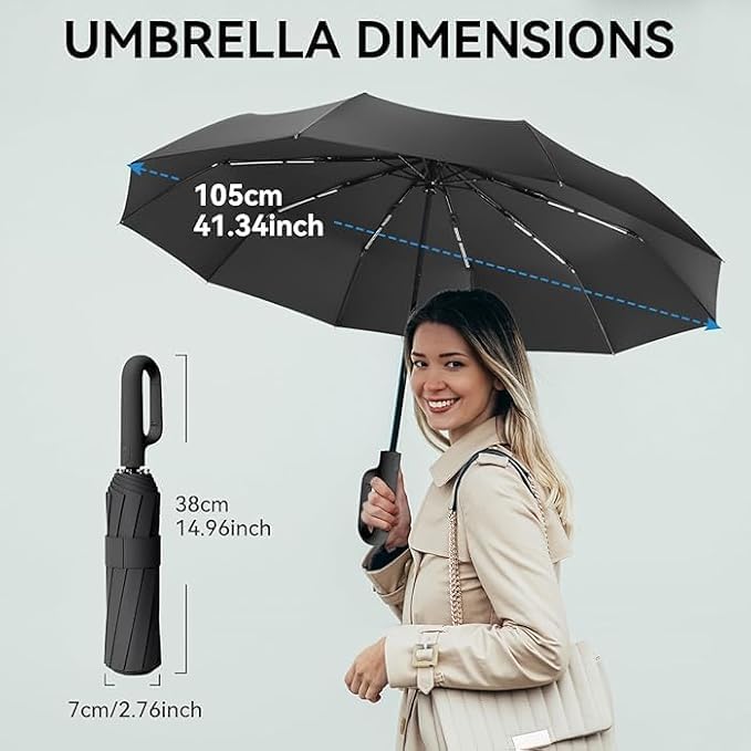 PRANIJ 3-Fold Compact Travel Golf Umbrella with Carabiner Handle | Auto Open-Close 10 Dual Rib Windproof Design | UV Protection Portable Umbrella for Rain/Sun for Car, Travel, Outdoor - Image 2