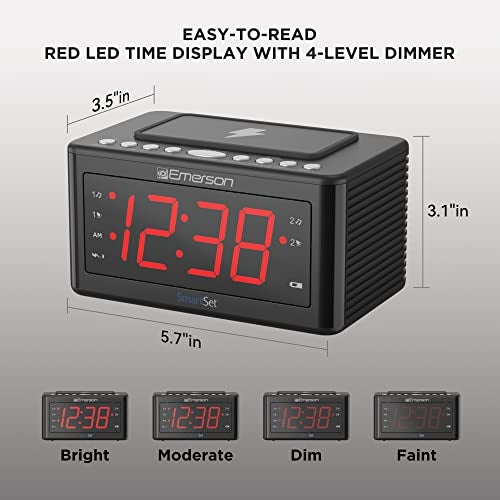Emerson CKSW0555 Smartset Wireless Charging Alarm Clock Radio Featuring a Large 1.4" Red LED Display and Temperature Sensor, FM Radio, Black - Image 4