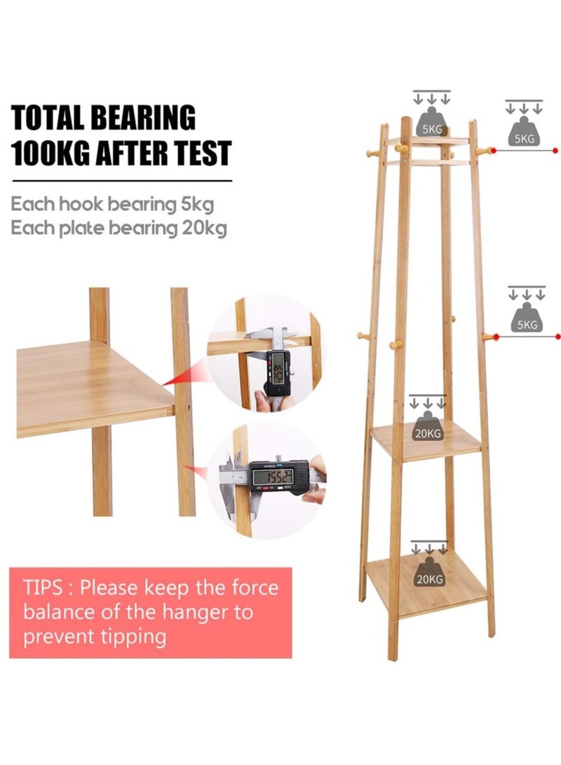 Loquat Bamboo Clothes Hanger Stand Coat Rack with 2 Storage Shelves Free Standing Hall Trees with Hooks Clothes Rail for Entryway Clothes Hats Handbags - Image 3