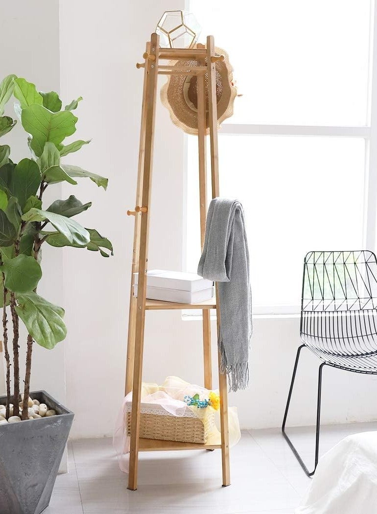 Loquat Bamboo Clothes Hanger Stand Coat Rack with 2 Storage Shelves Free Standing Hall Trees with Hooks Clothes Rail for Entryway Clothes Hats Handbags - Image 1