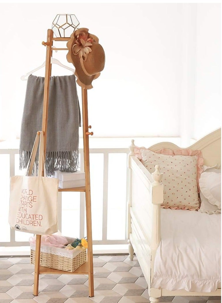 Loquat Bamboo Clothes Hanger Stand Coat Rack with 2 Storage Shelves Free Standing Hall Trees with Hooks Clothes Rail for Entryway Clothes Hats Handbags - Image 2