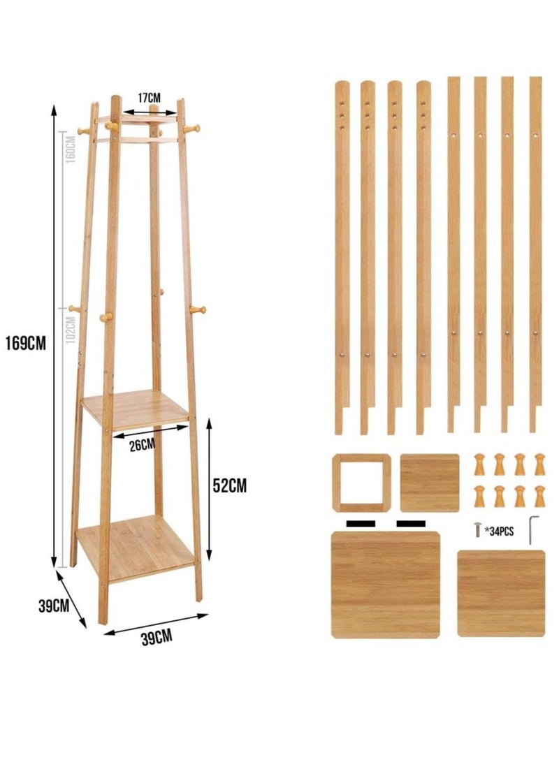 Loquat Bamboo Clothes Hanger Stand Coat Rack with 2 Storage Shelves Free Standing Hall Trees with Hooks Clothes Rail for Entryway Clothes Hats Handbags - Image 4