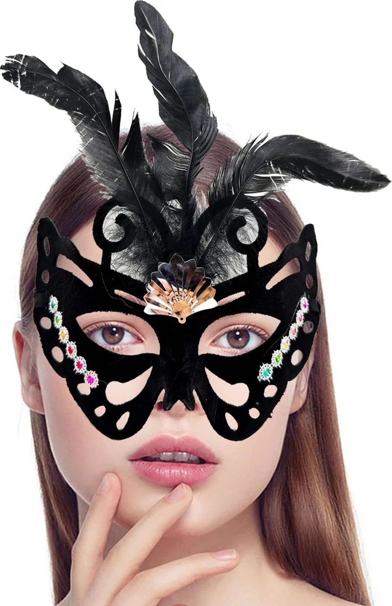Lisinya Black Color Black Suede Coated Butterfly Figure Party Mask with Feathers 24X18 cm ( )