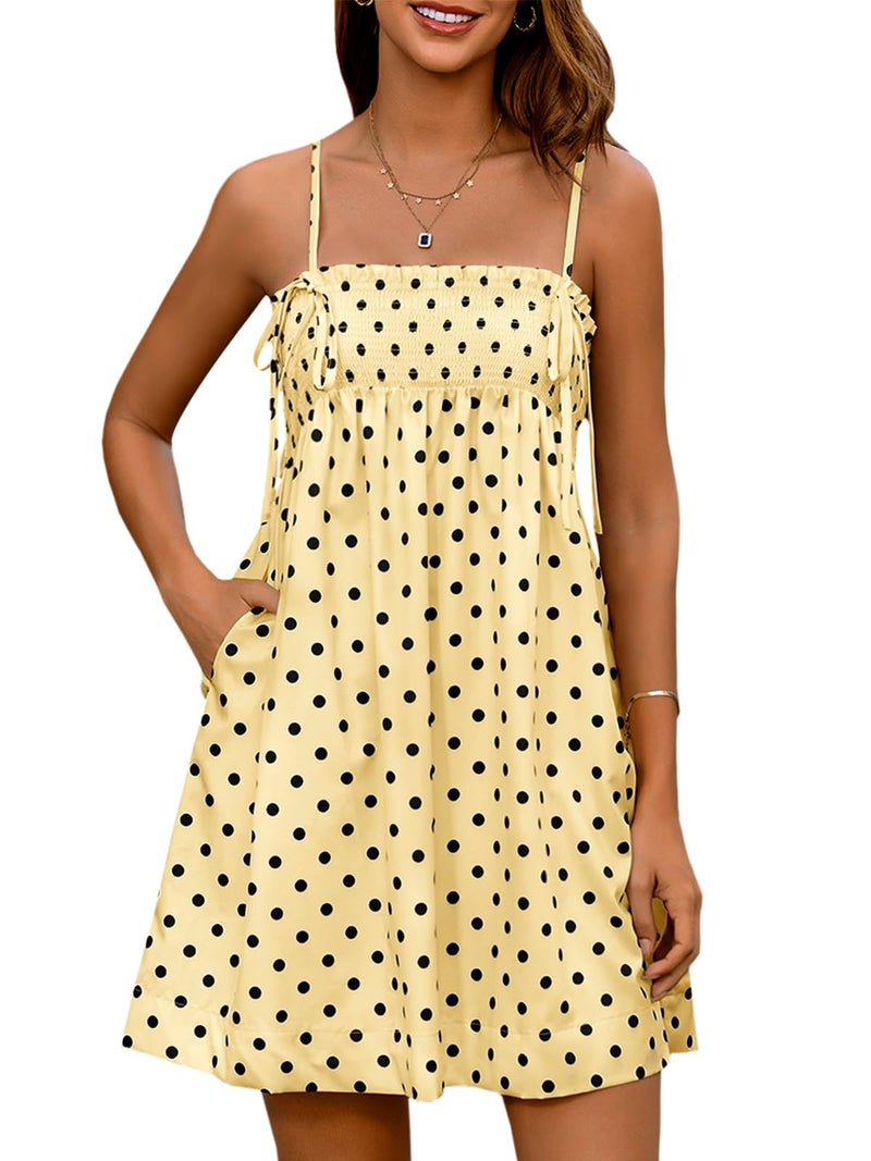 Yousify Women's Spaghetti Strap Babydoll Mini Dress Summer Casual Ruffled Smocked Polka Dot Short Dress - Image 1