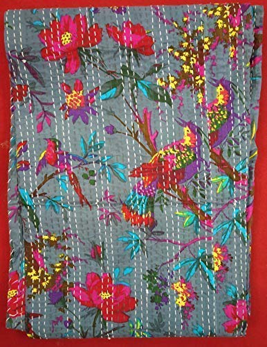 Textile art إبداعات الفن النسيجي إبداعات تقليدية عرقية قنطة هندية أغطية سرير قطنية زمرّديّة فواكه استوائية مخيطة يدويًا غطاء سرير بواسطة إبداعات الفن النسيجي إبداعات 90x108 بوصة - Image 4