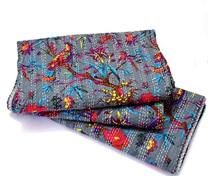 Textile art إبداعات الفن النسيجي إبداعات تقليدية عرقية قنطة هندية أغطية سرير قطنية زمرّديّة فواكه استوائية مخيطة يدويًا غطاء سرير بواسطة إبداعات الفن النسيجي إبداعات 90x108 بوصة - Image 3