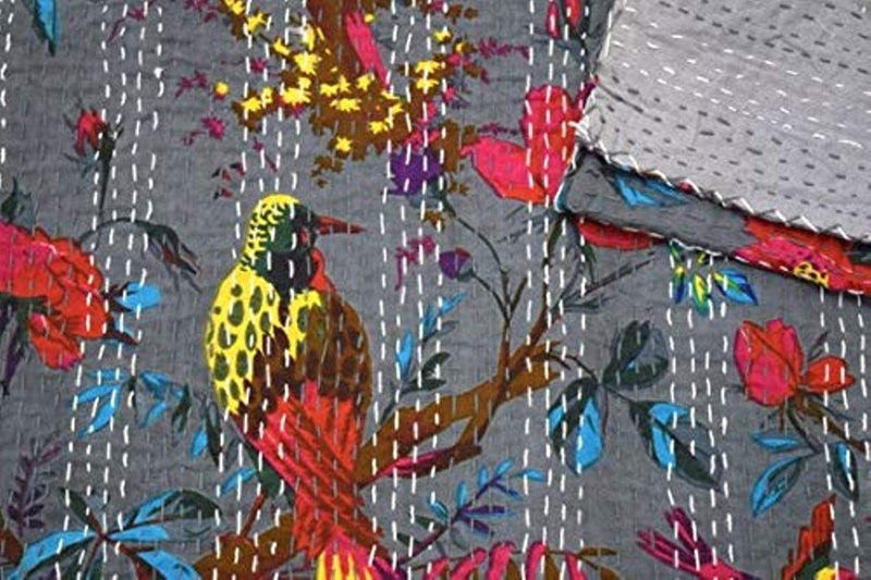 Textile art إبداعات الفن النسيجي إبداعات تقليدية عرقية قنطة هندية أغطية سرير قطنية زمرّديّة فواكه استوائية مخيطة يدويًا غطاء سرير بواسطة إبداعات الفن النسيجي إبداعات 90x108 بوصة - Image 1