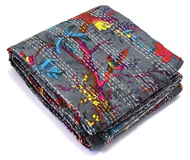 Textile art إبداعات الفن النسيجي إبداعات تقليدية عرقية قنطة هندية أغطية سرير قطنية زمرّديّة فواكه استوائية مخيطة يدويًا غطاء سرير بواسطة إبداعات الفن النسيجي إبداعات 90x108 بوصة - Image 2