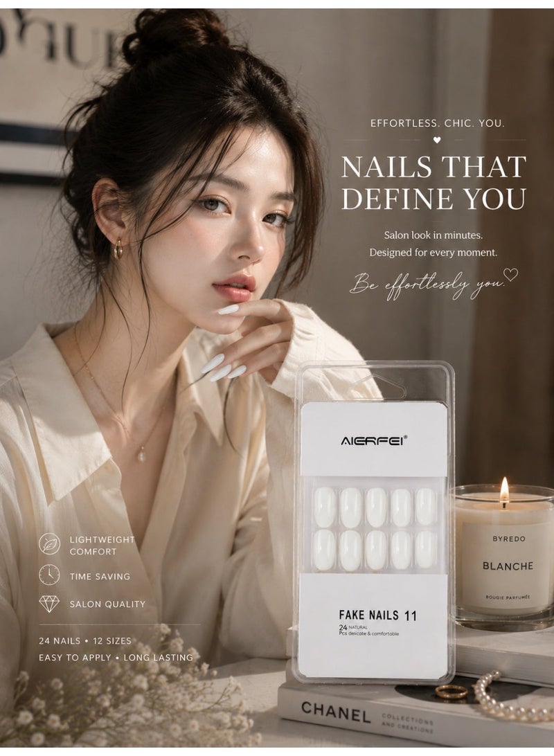 AIERFEI Premium Pure White Glossy Press On Nails – 24 Pcs Reusable Fake Nails Set for Women, Short Oval Full Cover Artificial Nails with Comfortable Fit for Daily Wear & Parties - Image 3