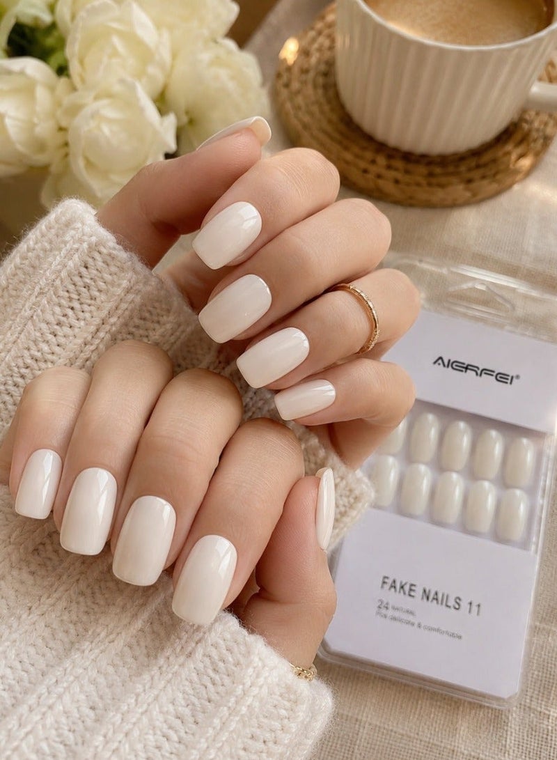 AIERFEI Premium Pure White Glossy Press On Nails – 24 Pcs Reusable Fake Nails Set for Women, Short Oval Full Cover Artificial Nails with Comfortable Fit for Daily Wear & Parties - Image 1