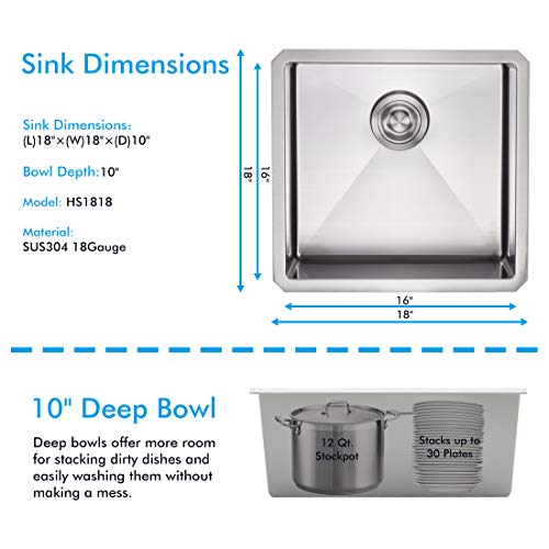 VADANIA Bar Prep Sink 18-inch, 18"x18"x10", Single Bowl, Undermount, 18 Gauge T304 Stainless Steel, Satin Finish, with Strainer & Bottom Grid, cUPC listed - Image 5