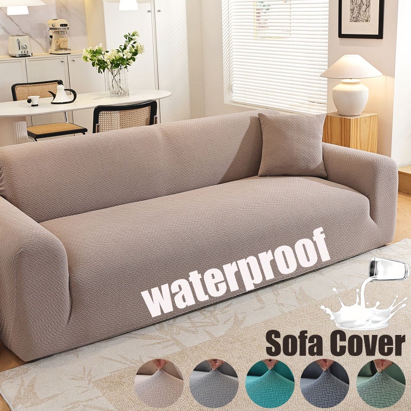 Khaki Outdoor Waterproof Four Seater Sofa Cover 235 300 Cm Adjustable Size Stretch Slipcover With Pillowcase Scratch Resistant For Home Living Room Armchair - Image 1