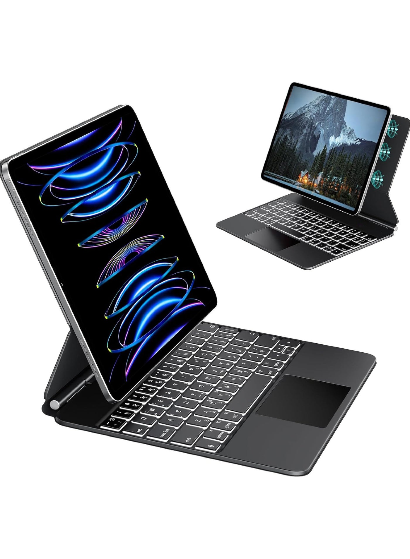 Rock Pow Arabic English Magic Bluetooth Keyboard Case for Samsung Galaxy Tab S10+ Plus 12.4 inch 2024/Tab S9 Plus 12.4 2023/S9 FE Plus 12.4 2023/S8 Plus 2022/S7 FE 2021/S7 Plus 2020 with 12.4 inch keyboard, magnetic multi-touch hanging stand, backlit trackpad, and S Pen holder.