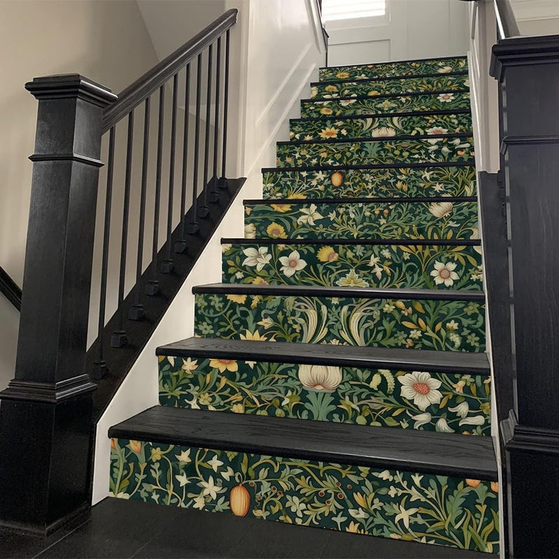 REDAMANCY William Morrise Green Leaf Vine White Flowers Damask Vintage Peel and Stick Vinyl Stair Riser Decals Staircase Tile Stickers Decor Modern Marble Decoration Self-Adhesive(14 Pcs) - Image 2